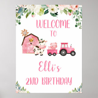 Pink Floral Farm And Tractor Birthday Welcome Sign