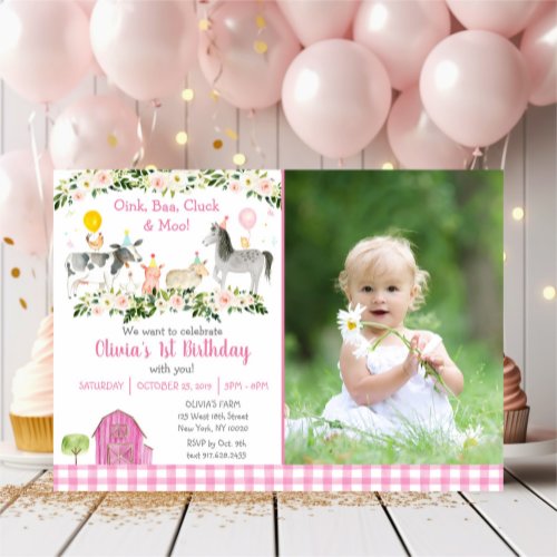 Pink Floral Farm Animal 1st Birthday Invitation