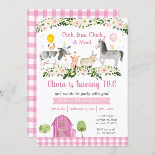 Pink Floral Farm Animal 2nd Birthday Invitation