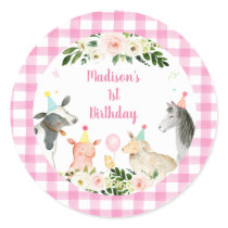 Pink Floral Farm Animal Birthday Classic Round Sticker
