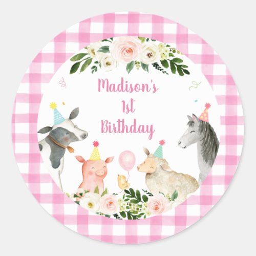 Pink Floral Farm Animal Birthday Classic Round Sticker