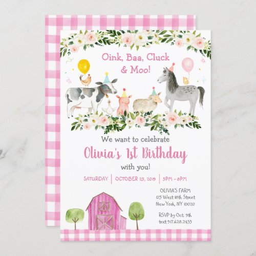 Pink Floral Farm Animal Birthday Invitation