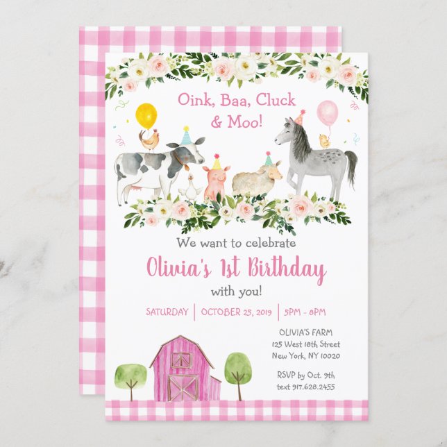 Pink Floral Farm Animal Birthday Invitation (Front/Back)