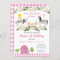 Pink Floral Farm Animal Birthday Invitation