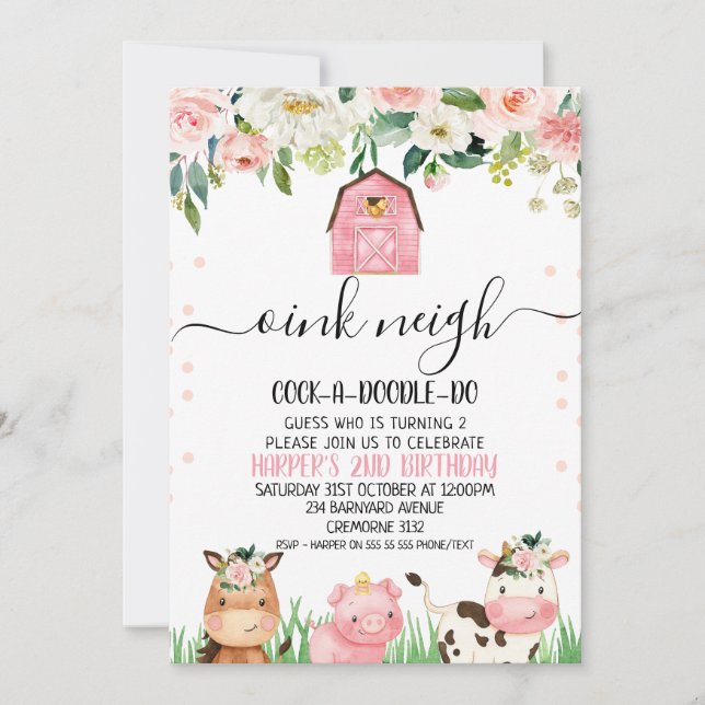 Pink Floral Farm Animal Calligraphy Birthday Invitation (Front)