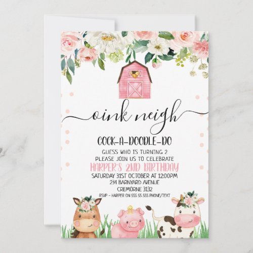Pink Floral Farm Animal Calligraphy Birthday Invitation
