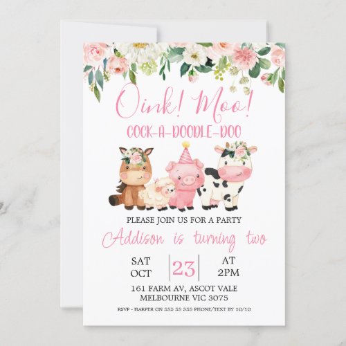 Pink Floral Farm Animals Birthday Invitation