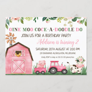 Pink Floral Farm Animals Birthday Invitations