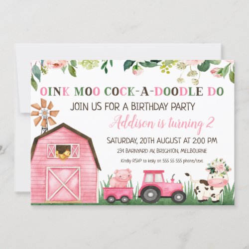 Pink Floral Farm Animals Birthday Invitations