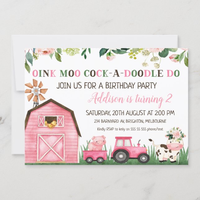 Pink Floral Farm Animals Birthday Invitations (Front)
