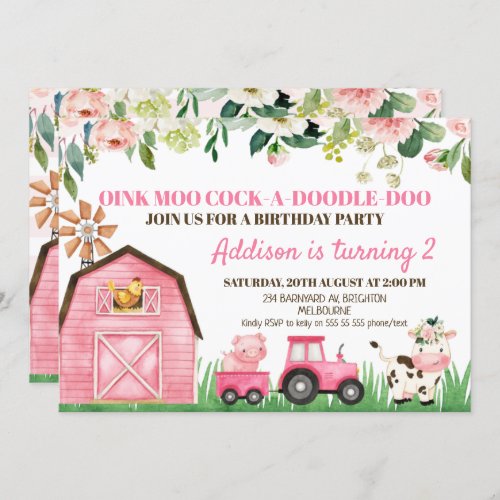 Pink Floral Farm Animals Birthday Invitations