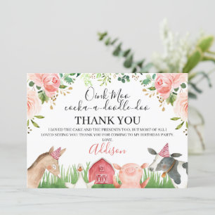 Pink Floral Farm Animals Birthday Thank You Card