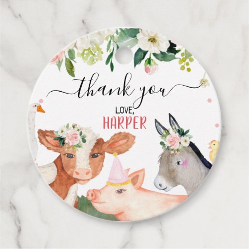 Pink Floral Farm Animals Birthday Thank You Favor Tags