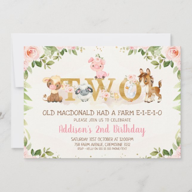 Pink Floral Farm Animals Second Birthday Invitation (Front)