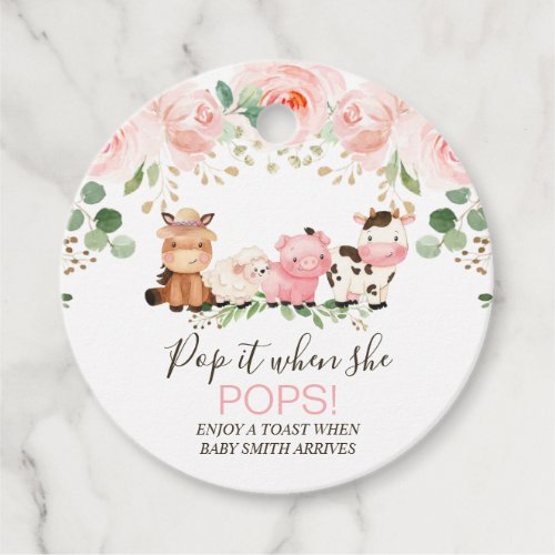 Pink Floral Farm Baby Shower Pop It   Favor Tags