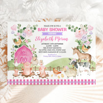 Pink Floral Farm Barnyard Animals Girl Baby Shower Invitation