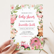 Pink Floral Farm Barnyard Baby Shower  Invitation