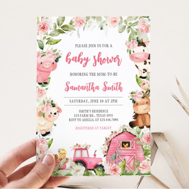 Pink Floral Farm Barnyard Baby Shower  Invitation (Floral Pink Barnyard Baby Shower Invitation)