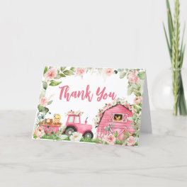 Pink Floral Farm Barnyard Baby Shower Thank You Card