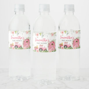 Pink Floral Farm Barnyard Baby Shower Water Bottle Label