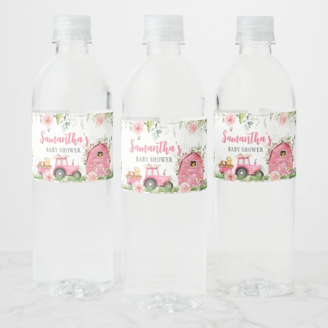 Pink Floral Farm Barnyard Baby Shower  Water Bottle Label (Bottles)