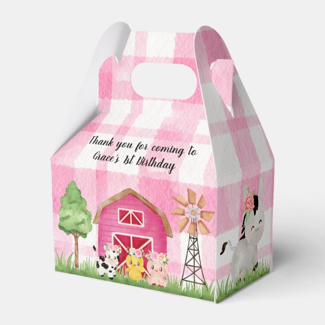 Pink Floral Farm Barnyard Birthday Party Favor Box (Front Side)