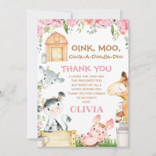 Pink Floral Farm Barnyard Birthday Thank You Card