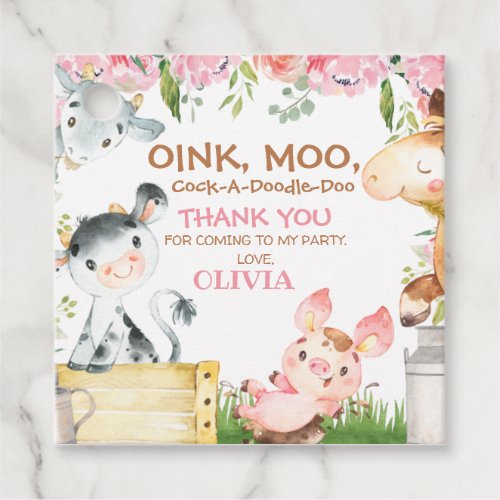 Pink Floral Farm Barnyard Birthday Thank You Tag