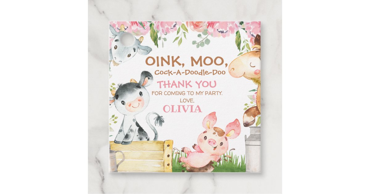 Pink Floral Farm Barnyard Birthday Thank You Tag | Zazzle