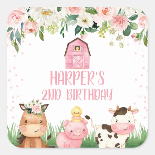 Pink Floral Farm Birthday Favor Sticker