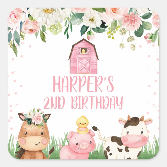 Pink Floral Farm Birthday Favor Sticker (Front)
