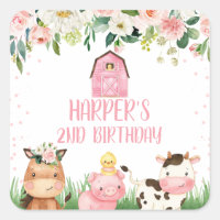 Pink Floral Farm Birthday Favor Sticker
