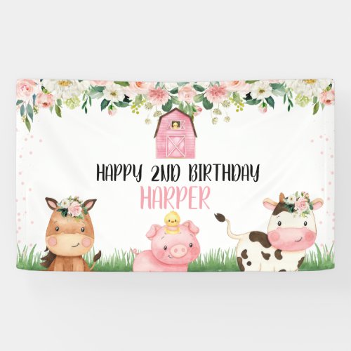 Pink Floral Farm Birthday Party Banner