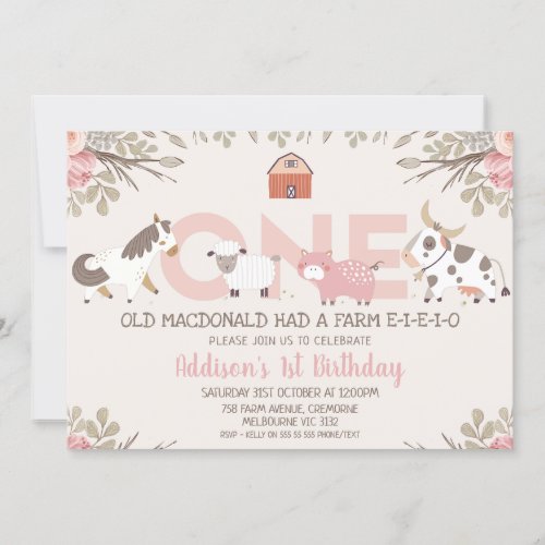 Pink Floral Farm Farmyard 1st Birthday Invitation