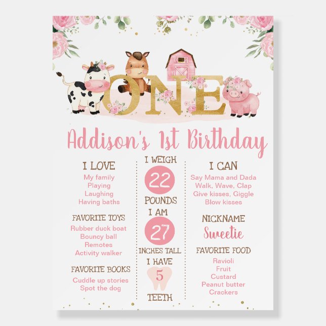 Pink Floral Farm First Birthday Milestone Board (Front)