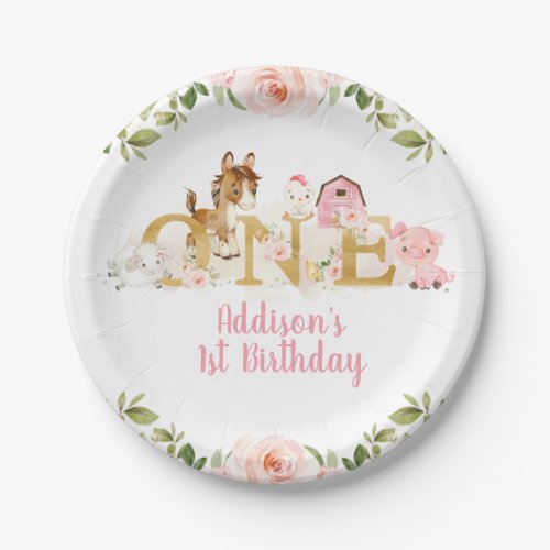 Pink Floral Farm First Birthday Paper Plate