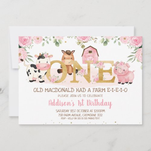 Pink Floral Farm Gold One First Birthday