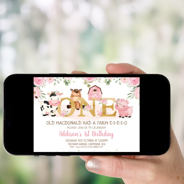 Pink Floral Farm Gold One First Birthday Invitation (Front Digital)