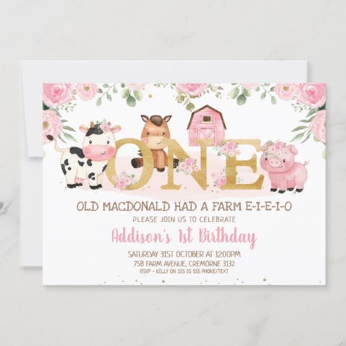 Pink Floral Farm Gold One First Birthday Invitation
