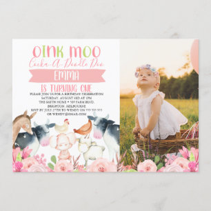 Pink Floral Farm Photo Birthday Invitation