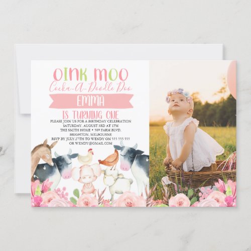 Pink Floral Farm Photo Birthday Invitation