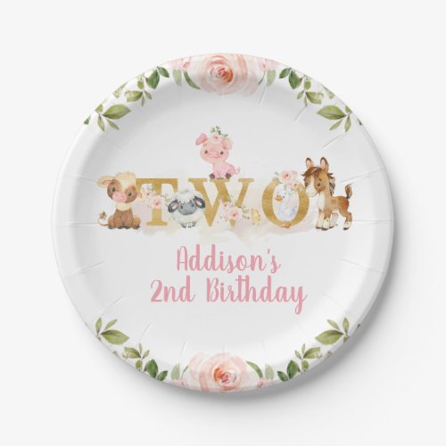 Pink Floral Farm Second Birthday Paper Plate