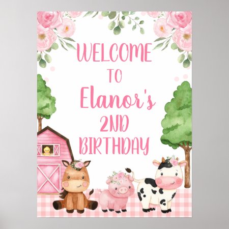 Pink Floral Farm Welcome Birthday Party Sign