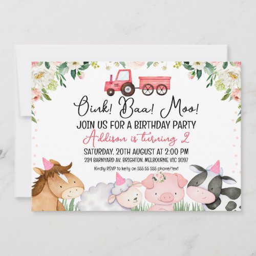 Pink Floral Farm With Red Tractor Birthday Invitation