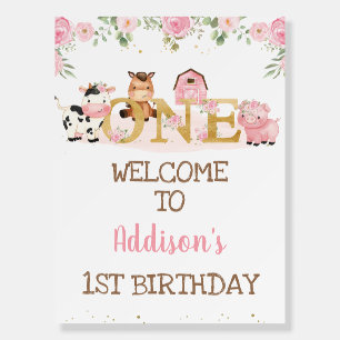 Pink Floral Farm Word First Birthday Welcome Board