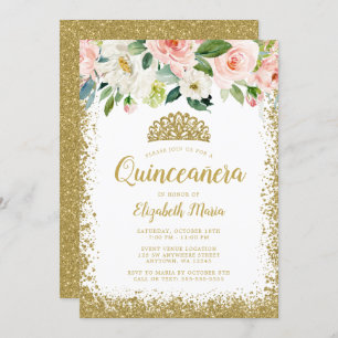 Pink Floral Faux Glitter Tiara Quinceanera Invitation