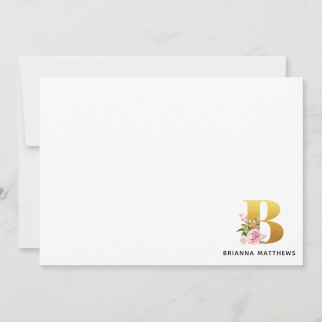 Pink Floral Faux Gold Letter B Monogram Name Note Card (Front)