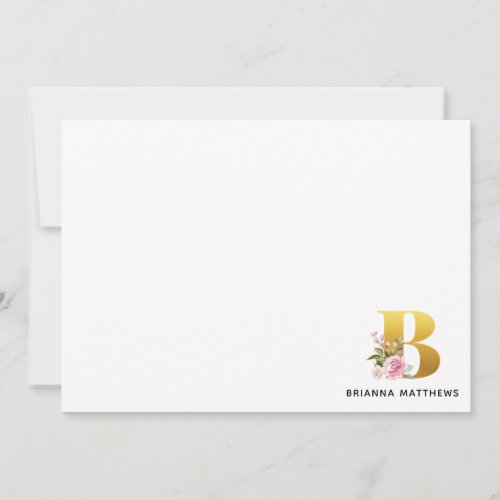 Pink Floral Faux Gold Letter B Monogram Name Note Card