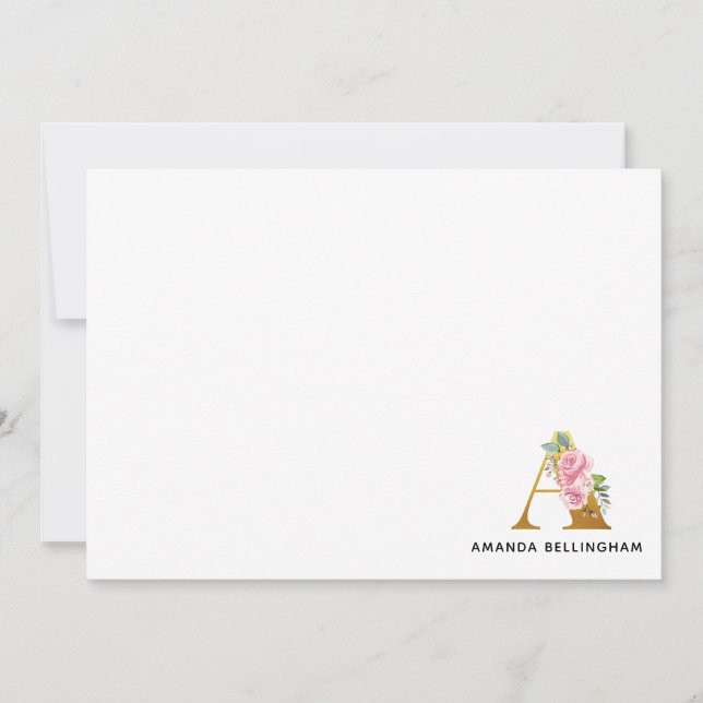 Pink Floral Faux Gold Monogram Name Letter A Note Card (Front)