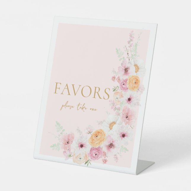 Pink Floral Favors Bridal Shower Pedestal Sign (Front)